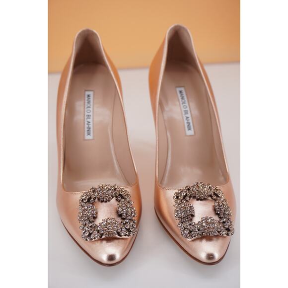Manolo Blahnik Hangisi Jeweled 90mm Pumps Sz 37.5 Copper Leather $1245 New - Picture 8 of 12